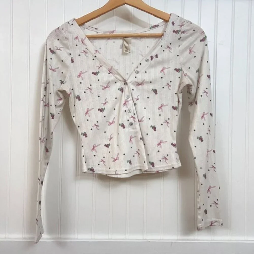 For Love & Lemons Top Floral Babydoll Cottagecore‎ Long Sleeve Baby Tee Cropped - Picture 2 of 7